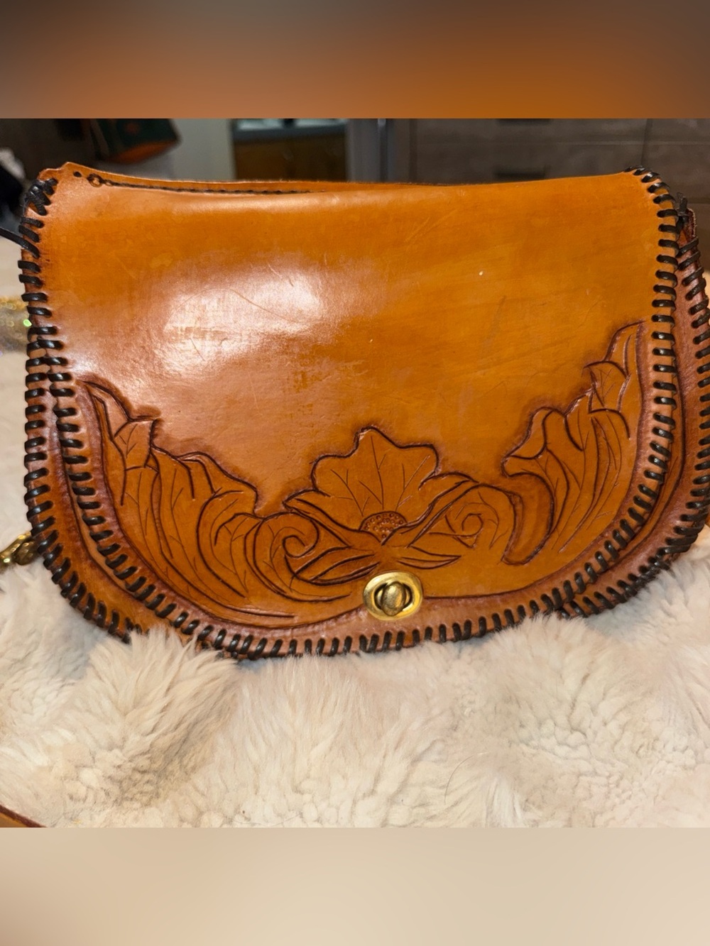 Vintage Hand-Tooled Floral Leather Crossbody Bag in Cognac